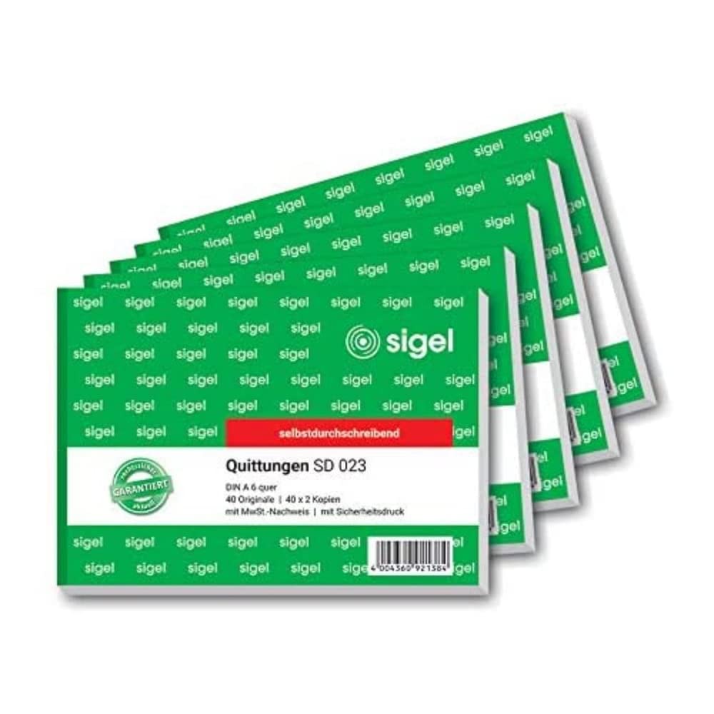 SIGEL SD023/5 Quittungsblock A6 quer, 5 Stück, 3x40 Blatt, selbstdurchschreibend, mikroperforiert, aus nachhaltigem Papier