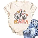 Women Mama Floral Shirts Retro Mom T Shirt Vintage Graphic Wild Flowers Tops Mother's Day Tee(Beige01-MAF,Medium)