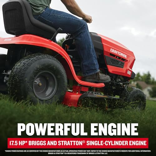 Image of CRAFTSMAN 42 inch Gas Riding Lawn Mower with 17.5 HP* Briggs and Stratton Single-Cylinder Engine, Gas Lawn Tractor with 7-Speed Transmission, Red /Black (13AN77XSA93)