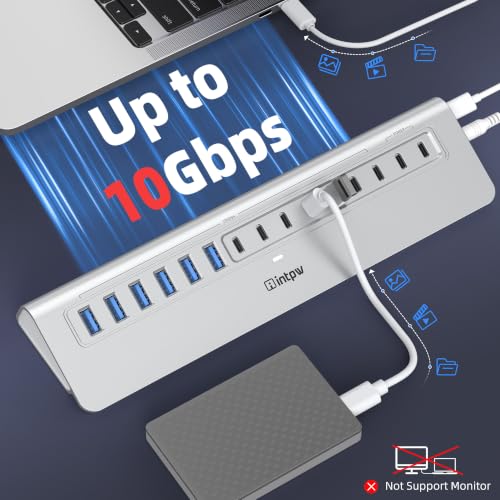 Image of Powered USB Hub 10Gbps, intpw 15-Port USB 3.2 /USB C Hub (6 x USB-A 3.2 + 7 x USB-C 3.2 10Gbps +2 x PD 45W Fast Charging Ports), 3Ft Cable, Aluminum USB Hub for PC /Laptop /iPhone 17 /16 /MacBook Neo