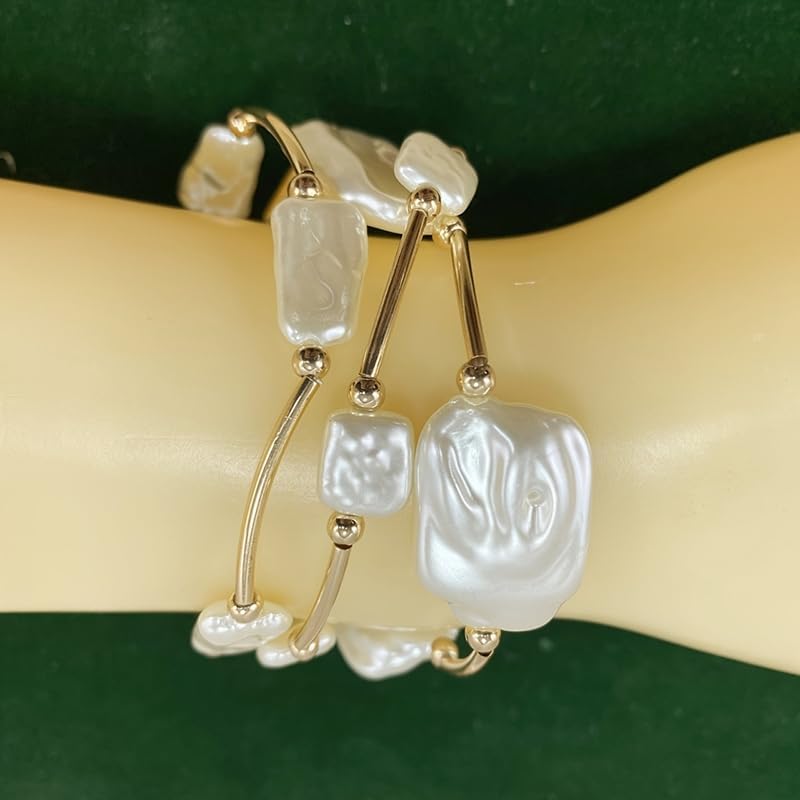 Chunky Pearl Bracelet For Women, 14k Gold Plated Chain Three Layer Stackable Exaggerated Bohemian Jewelry Gift - Image 4