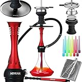 Hookah Set with Silicone Hose Bowl Tongs Mouth Tips Everything Accessories, 19' Small Portable Shisha Hookahs Complete Set Aluminum Hooka Chameleon Glass Vase Red
