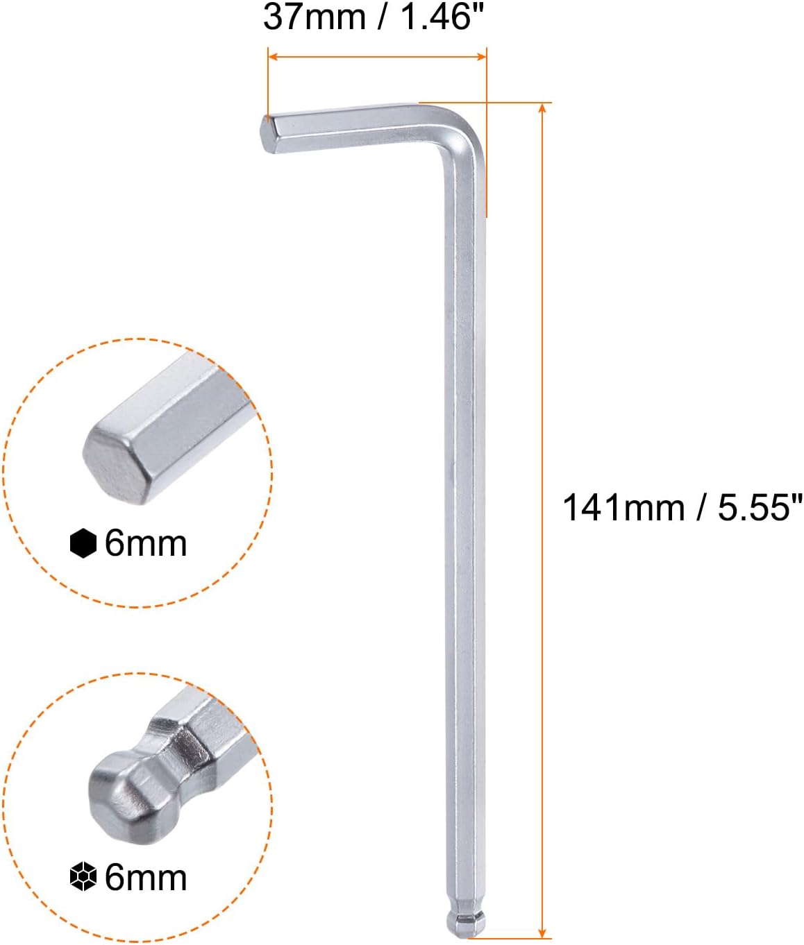 HARFINGTON Ball End Hex Key Wrench 6mm L-Shape Long Arm Hexagon Metric Wrenches Chrome Vanadium Steel Repairing Tool for Home Repair, Silver Tone