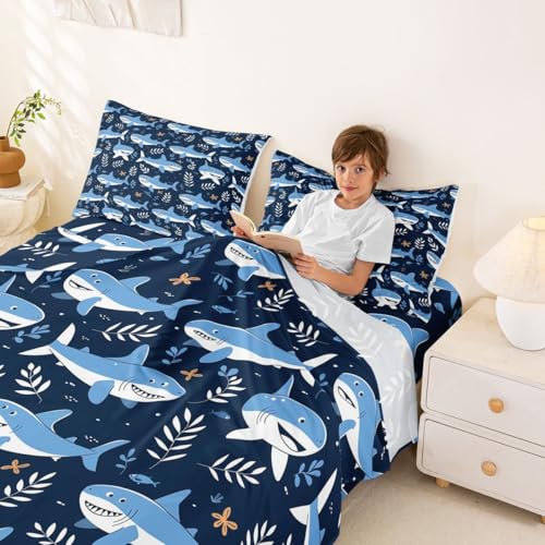 Image of jejeloiu Shark Bed Sheets Set Queen Size Ocean Decor Deep Pocket Fitted Sheet Sea Animal Bedding Sets Marine Life Soft Bed Set 4Pcs with 2 Pillow Cases