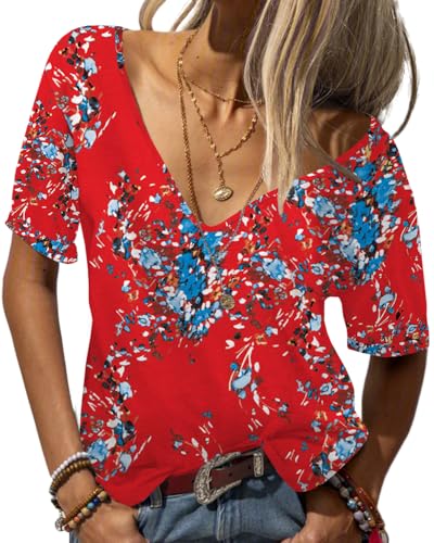 Tankaneo Damen Mode tief V-Ausschnitt Kurze Ärmel Tops Solide Lässig Lose Basic T Shirt Eisblaurot S
