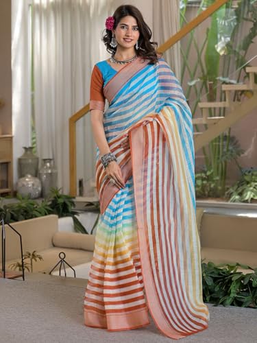 Image of Satrani Women's Linen Printed & Embroidery Ready To Wear Saree with Unstitched Blouse Piece