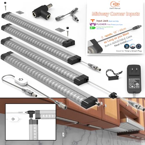 Image of EBD Under Cabinet Lights Hardwired Built-in Adjustable Cable Midway Input Bookshelf Plug in Light bar 4 Pcs Touch Light 1800 Lm 4500K Super Bright Energy for Shelves Closet Shelf Locker Bookcase