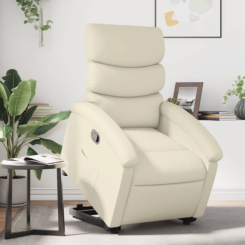 Sillón elevador reclinable, color crema, piel sintética