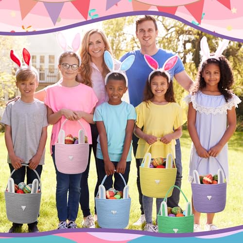 Image of Beeveer 6 Pack Easter Baskets with Handle Woven Bunny Egg Hunt Basket with Rabbit Ears Print Bags Empty Easter Treat Bag Cotton Woven Egg Box for Gifts Party Decorations Favors(Multicolor)