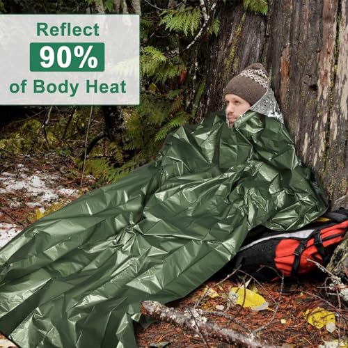 EEEKit Notfall Schlafsack, 2 Stück Wasserdicht Überlebenssack, Thermo Notfalldecken, Tragbare Mylar Überlebensausrüstung mit Pfeife für Camping Wandern (Grün)