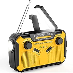 Noodweerradio Draagbare Zonne-handslingerbatterijradio Met AM/FM/WB-kanaal, SOS-alarm, Powerbank USB-oplader, Hoofdtelefoonuitgang, LED-zaklamp, Leeslamp Voor Buiten (Color : Yellow)