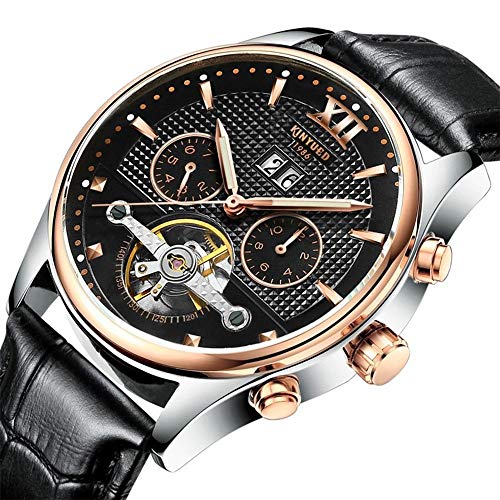 Montre tourbillon automatique LULI luxe en cuir noir avec mécanisme haut de gamme