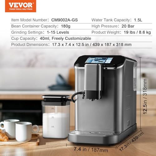 Image of VEVOR Automatic Espresso Machine, Espresso Maker with Automatic Milk Frother, Cappuccino Latte Machine 20 Bar with TFT Touch Screen, Grinder, 15 Grind Levels, Home Office