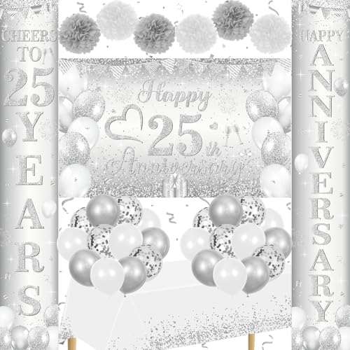 Silver 25th Wedding Anniversary Decorations for Men Women, 25th Anniversary