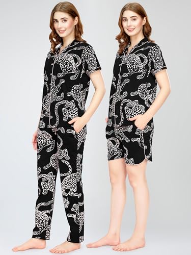 Image of ZEYO Night Suit For Women's Leopard Printed Cotton Night Dress Of Shirt,Pajama & Short's 3Pc's Pajama Set 5731