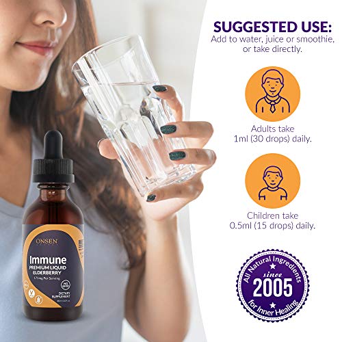 Onsen Black Elderberry Syrup, Organic Sambucas Elderberry Liquid, Daily Immune Support, Pure Herbal Supplement With Zinc And Vitamin C For Kids And Adults, Gluten Free, Vegan, Herbal, 60 Day Supply #TOP4
