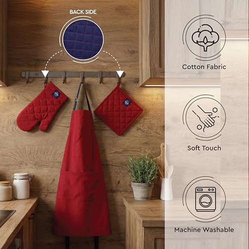 Image of Encasa XO 100% Cotton Apron Set for Women & Men with Adjustable Apron, Oven Gloves & Pot Holder (Pack of 3) Combo, Heat-Resistant, Soft & Durable for Cooking, Baking & Grilling (Red)
