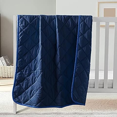 FLXXIE Machine Washable Microfiber Down Alternative Toddler Comforter, Super Soft and Lightweight Kids Crib Quilted Blanket for Stroller, Travel, 39x47 Inches, Navy Blue Cover