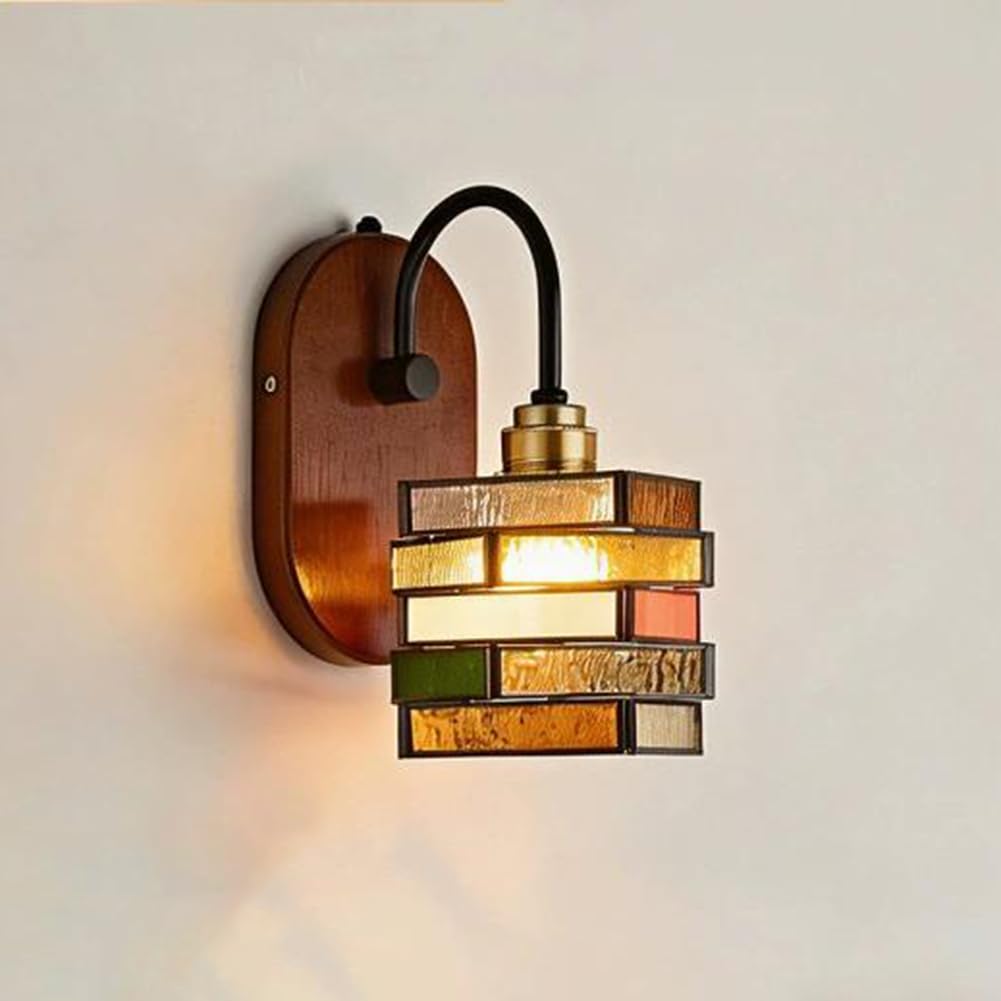 LOGT Tiffany Wall Lamp Colourful Glass Retro Wall Light with Antique Wooden Base E27 Socket Tiffany Lamp Wall Lighting Interior Decoration, Bedside Lamp for the Living Room, Bedroom Hallway
