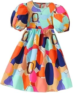 Niren Enterprise Girls Fit & Flare Dress, Multicoloured Abstract Print, Puff Sleeve, Round Neck, Cotton, Knee Length, Price In India