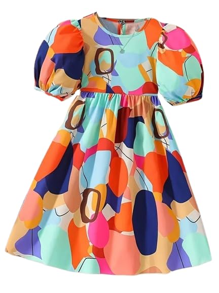 Niren Enterprise Girls Fit & Flare Dress, Multicoloured Abstract Print, Puff Sleeve, Round Neck, Cotton, Knee Length, - Review, Price and Buying Guide