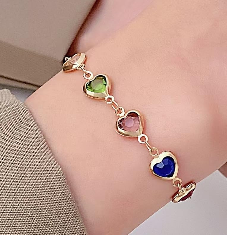 Gold Plated Heart Colorful Charm Bracelet, Clover Bracelet, 12 Synthetic Gemstones,Dainty Jewelry for Women, lightweight & comfortable, Use at Any Occasion,1 Count2