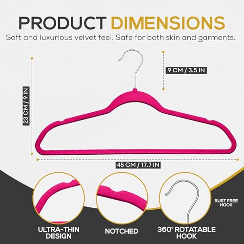Image of Techzoo Premium Velvet Hangers 50 Pack Ultra Thin Non Slip Adult Felt Space Saving Suit Hanger for Closet Heavy Duty Coat Pants Jackets Dress Hangers 360 Swivel Hook Hold Upto 10 lbs Dark Pink