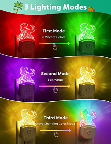 Image of DORESshop Dinosaur Night Light for Kids [2 Pack], 8 Color Changing Plug in Night Lights for Baby with Dusk to Dawn Sensor, Nightlight for Bathroom Decor, Children Room, Dinosaur Toys Gifts