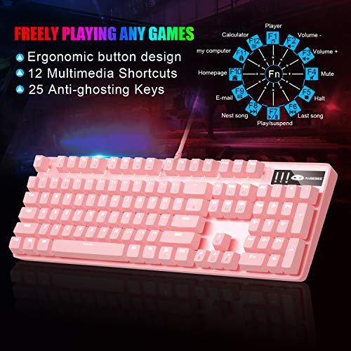 Pink Mechanical Gaming Keyboard And Mouse Combo Blue Switch 104 Keys White Backlit Keyboards, 7 Button Mouse Wired For Windows, Computer, Desktop, Pc, Notebook, Laptop(Pink) #TOP4