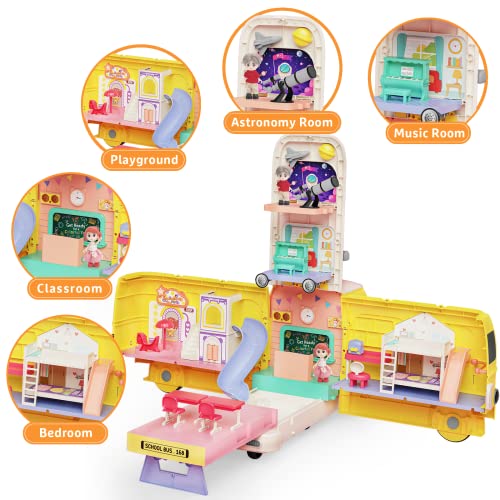 Sethland School Bus Toys Doll House, Cars Ride On Toys, Diy Pretend Dollhouse Playset, School Bus Vehicles Building Toy Kits With Little Dolls For Toddler 3 4 5 6 7 8 Years Old Girls Boys #TOP2