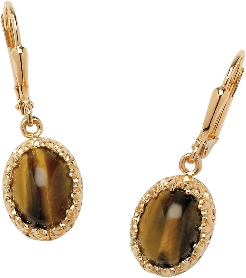 PalmBeach Yellow Gold-plated Oval Shaped Genuine Brown Tiger's Eye Drop Earrings (12x10mm)
