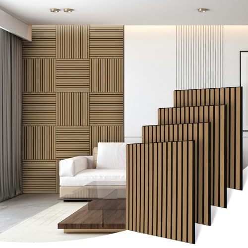 AKK-ART Paneles Acústicos de Madera-4 Piezas 60x60x1,8cm(1,44 m²) 3D Secorativo Paneles de Pared de Madera Chapada, Revestimiento de Paredes Interiores y Paneles Fonoabsorbentes Teca
