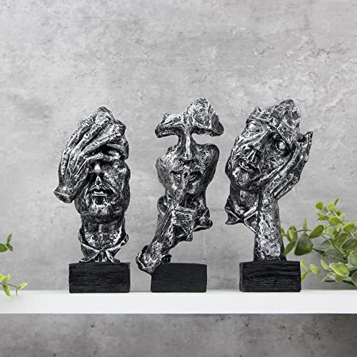Fumisee 3 Pcs Thinker Statue, Silence Is Gold Abstract Art Figurine, No Hear No See No Speak Modern Home Resin Sculptures Decorative Objects Desktop Decor(Silver) #TOP6