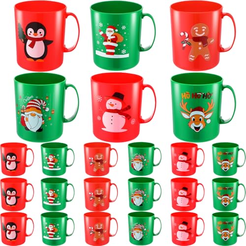 Potchen 24 Pcs Christmas Plastic Mugs Bulk Santa Snowman Elk Elf Gingerbread Man Penguin 11.8 oz Coffee Cups with Handle Winter Xmas Drinking Cup Holiday Drinkware Candy Holder Snack Container