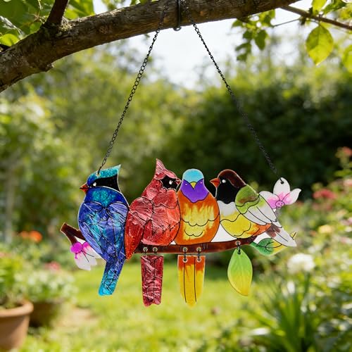 Image of DASTOLL Stained Glass Window Hanging, Birds on A Branch Stain Glass Suncatcher, Hand-Painted Sun Catchers Indoor Window Decoration Bird Lover Gift for Mom, Grandma, Stocking Stuffers for Women