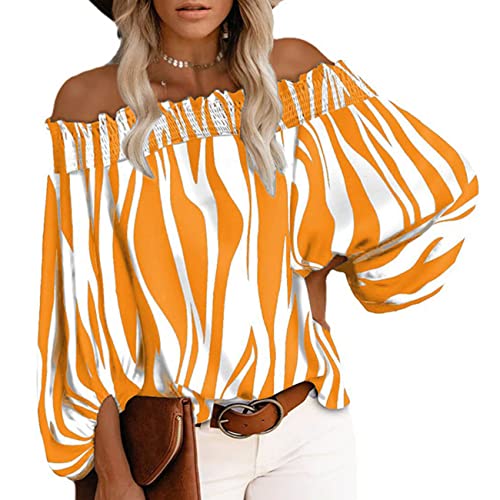 ADDZYY Damen Langarm Off Shoulder Shirt Elegant Gestreiftes Shirt Lose Open Back T Shirt Damen Sommer Casual Shirt Elegantes Shoulder 3/4 Puffärmel T Shirt Top Cover