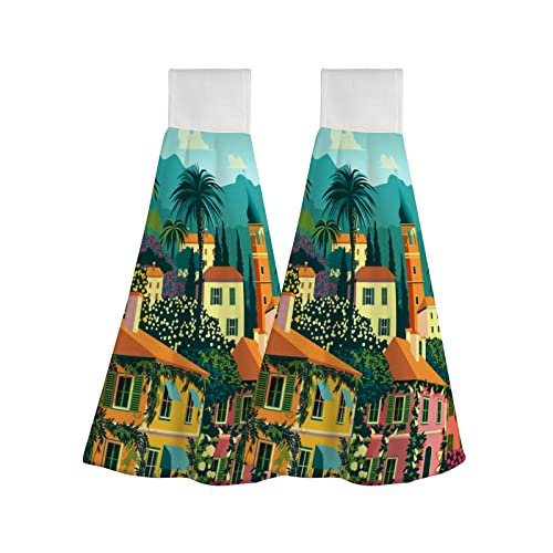 Kuizee Hanging Hand Towels For Kitchen 1 Pack Mediterranean Romantic Landscape Retro Absorbent Soft Bathroom Hand Dry Towels With Hanging Loop Hand Bath Towels #TOP16