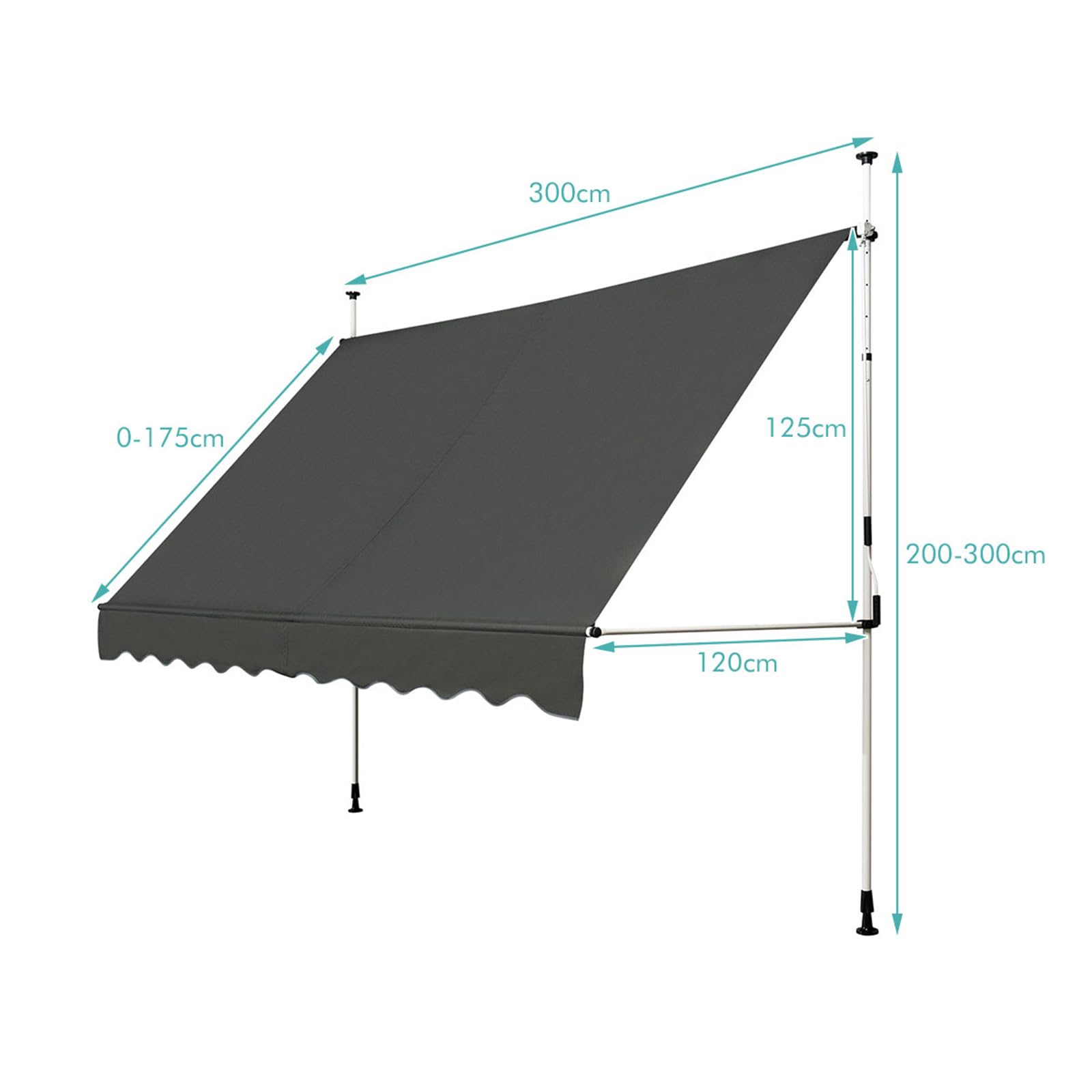 COSTWAY Klemmmarkise 300 cm breit, Balkonmarkise ohne Bohren, UV-beständig, höhenverstellbar, wasserabweisend, Markise mit Handkurbel, Sonnenmarkise, Sonnenschutz für Balkon, Grau