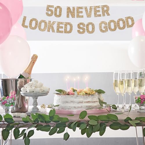 Image of Pre-Strung 50 Never Looked So Good Banner - Gold 50th Birthday Banner | No DIY - Pre-Strung on 10 ft Strands - Gold Glitter Birthday Party Decorations for Men & Women - Funny Bday Decor