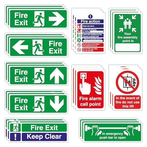 Image of 30PCS Self Adhesive Fire Exit Signs Stickers: 3X (Right, Left, Up, Down Arrow, Keep Clear, Fire Action & Alarm Call & Assembly Point, In The Event of Fire Do Not Use Lift, Push Bar to Open Sign)