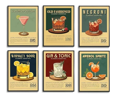 Fetyiu Vintage Cocktail Poster - Bar Cart Accessories and Decor,Retro Cocktail Wall Art, Funky Drink Aesthetic Pictures, Colorful Preppy Bar Art Prints for College Dorm Apartment 8x10in Unframed