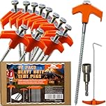 Heavy Duty Metal Tent Pegs, 12 Pack 8-Inch Ground Pegs Camping Pegs with Drill Adapter & Nail Puller Ideal for Camping, Hiking,Traveling, Beach and Outdoor