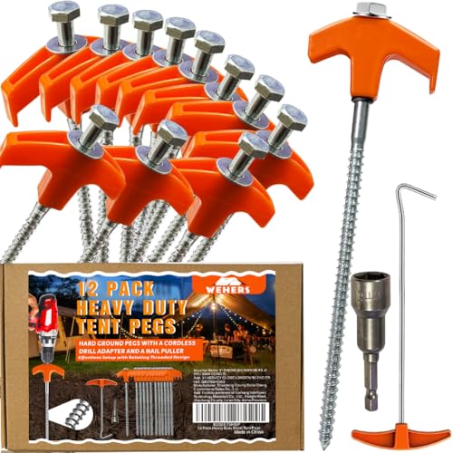 Heavy Duty Metal Tent Pegs 12 Pack 8-Inch Ground Pegs Camping Pegs with Drill Adapter & Nail Puller Ideal for Camping Hiking Traveling Beach and Outdoor