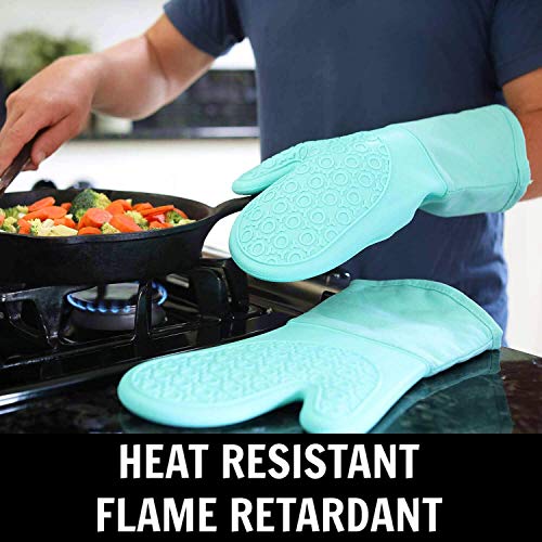 Image of BPA-Free Soft Silicone 4 Piece Oven Mitts & Trivets Set - Ultra Heat Resistant Oven Mitts with Thick Cotton Liner - Long Slip Resistant Pot Holders, Flexible Oven Gloves - Aqua