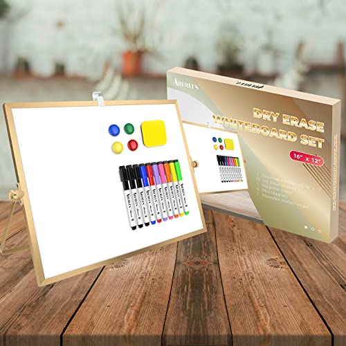 Dry Erase Board, 16 X 12 Inches White Board, Gold Large Magnetic Desktop Double-Sided Whiteboard With Stand, 10 Markers, 1 Eraser, 4 Magnets, Portable Whiteboard Easel For School Office Home #TOP6
