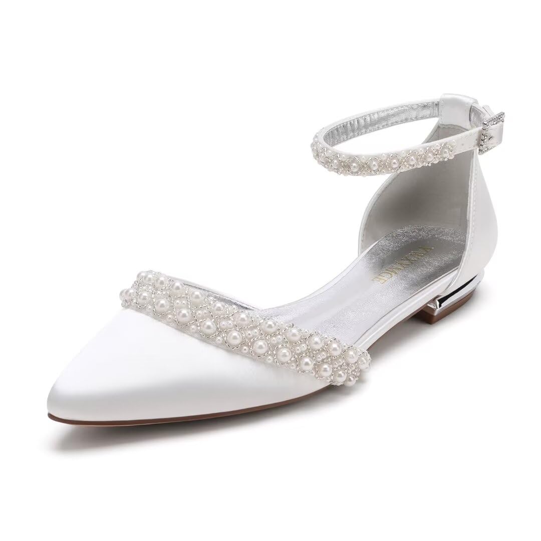 YWXYMGE Flat Wedding Shoes for Bride Closed Toe Pearl Bridal Flats Comfortable Wedding Flats