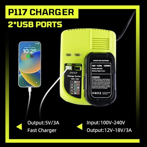 2Pack 3.0Ah P102 18V Lithium Replacement for Ryobi Battery+ P117 Charger with Dual USB Compatible with Ryobi 18v Battery P108 P107 P104 P105 P102 P103 Charger with P117 P118 P119 P113 BCL1418