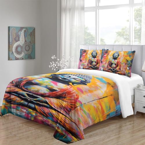 Housse de couette Bouddha 3D 140x200cm en microfibre avec 2 taies