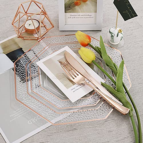 Wellife 30 Guests Rose Gold Plastic Plates With Silverware, Disposable Rose Gold Dinnerware, Includes: 30 Dinner Plates, 30 Dessert Plates, 30 Cutlery, For Weddings #TOP1