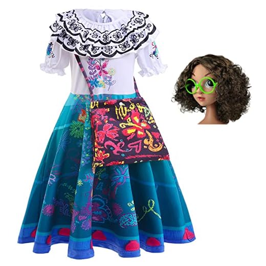 LCXYYY Mirabel Madrigal Costume Cosplay Princesa Mágica Mirabel Vestido de Bailarina con Bolsos y Complementos Gafas Peluca para Niña Halloween Carnaval Cumpleaños Mascarada Fiesta Disfraz